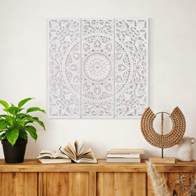 Carved Wood Wall Decor with White Floral Decorative Panels (Set Of 3)