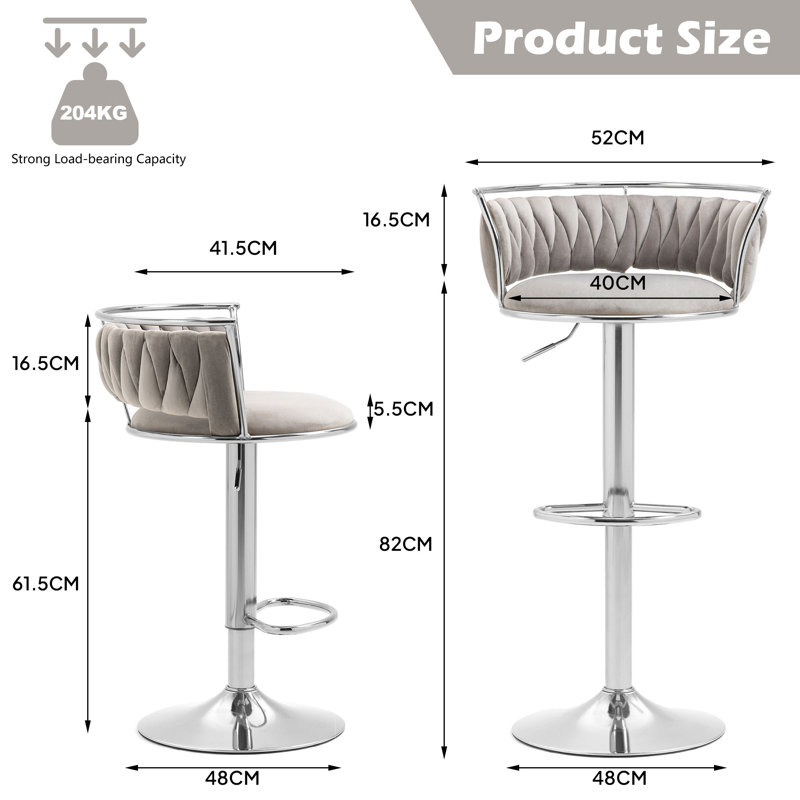 Christal Height Adjustable Swivel Bar Stool, Grey, Silver