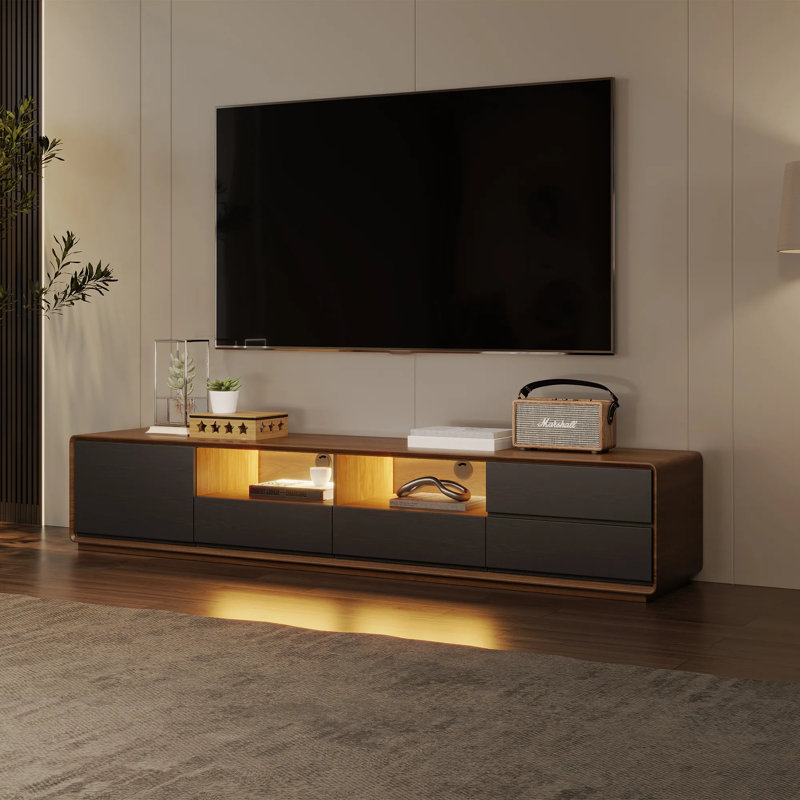 Meuble télé moderne en bois avec lumières DEL, console multimédia avec 4 tiroirs, entièrement assemblé, Noir