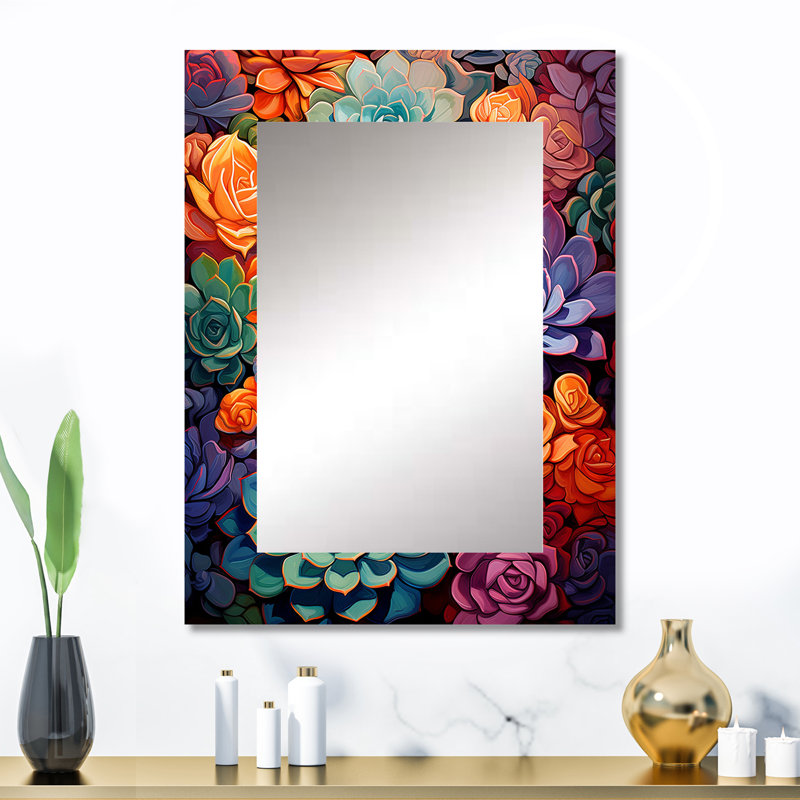 Symphonie colorée de plantes grasses - succulente grand miroir, décor de miroir mural traditionnel unique, impression d'art en métal
