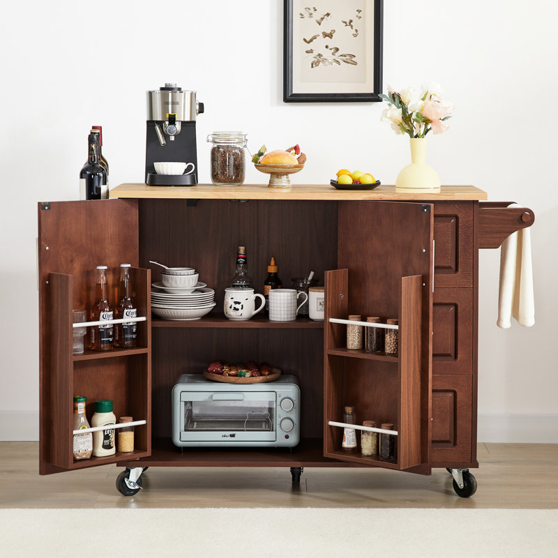 Îlot de cuisine avec porte de grange et 3 grands tiroirs avec rangement, Brun