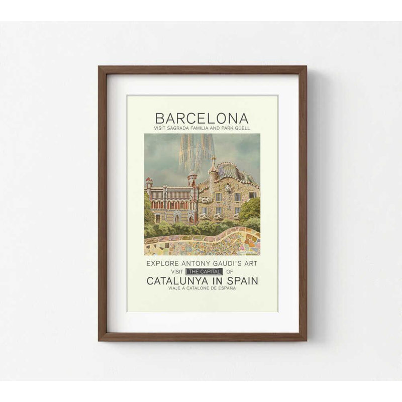 Affiche de voyage de Barcelone, reproduction d'art du parc Güell et de la Sagrada Familia, H 24 po x l 18 po, Brun