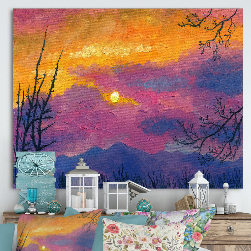 Coucher de soleil sur les montagnes - reproduction d'art sur toile, H 24 po x l 32 po x P 1 po, Toile tendue