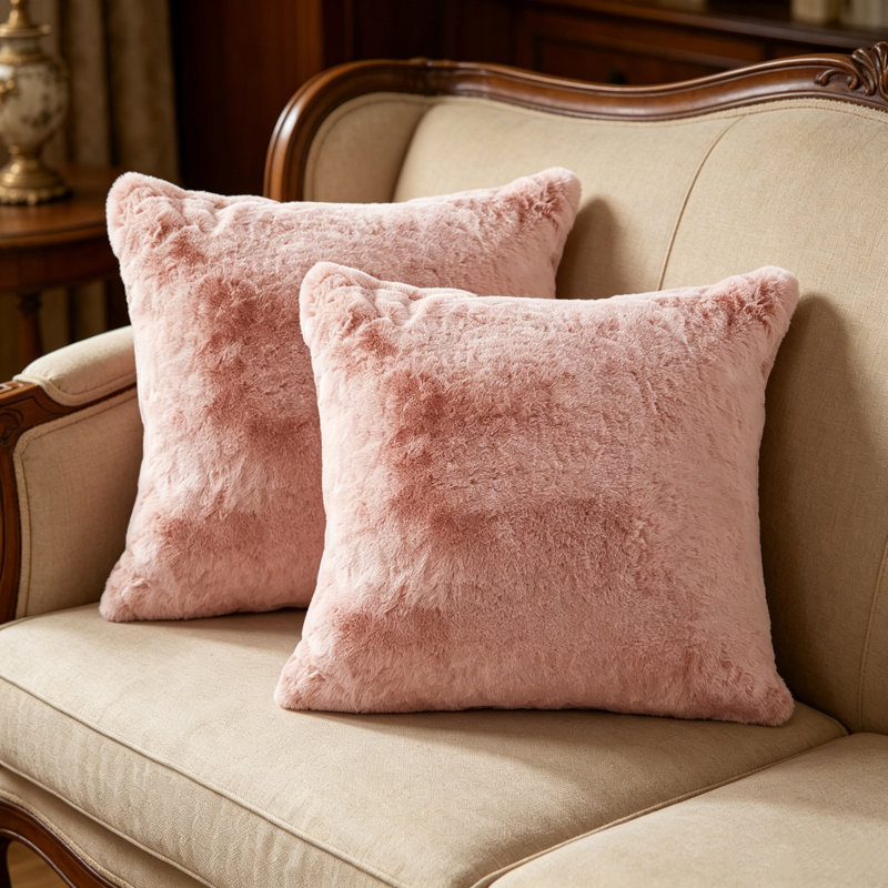 Housse de coussin lourd en fausse fourrure, H 26 pi x l 26 pi, Fumée rose