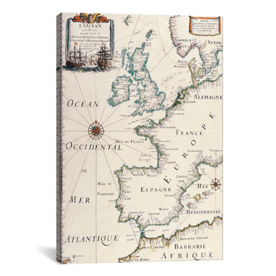 Ancienne carte de l'Europe de l'Ouest antique - Estampe numérique sur toile tendue avec châssis