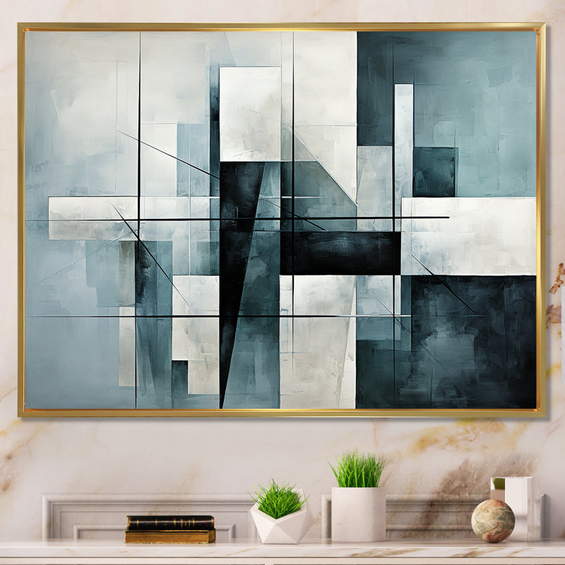 Décoration murale cubique gris abstrait monochromatique I - Collages abstraits, Cadre flottant doré, H 16 po x l 32 po