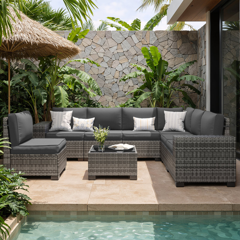 Ensemble de conversation modulaire en osier pour 7 personnes avec coussins, Gris foncé, Noir