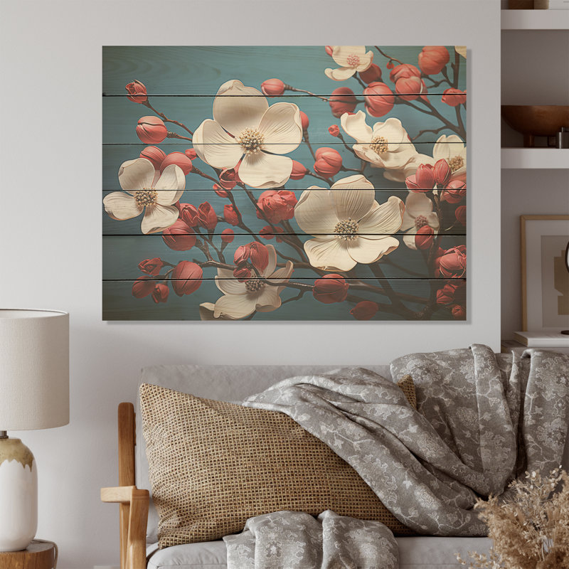 Blanc et rose cornouiller I - art mural en bois de cornouiller sur bois de pin naturel, H 10 po x l 20 po