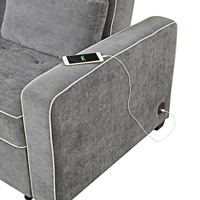 Upholstered Pull Out Sofa Bed With Throw Pillows, USB Charging Port And Adjustable Backrest, Charcoal Gray