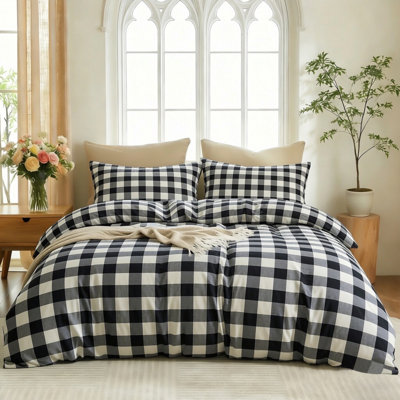 XINMIANFANG Gingham Duvet Cover Set 100% Washed Cotton Linen Feel Black White Geometric Plaid Checkered Bedding Set