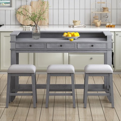 Trexm 4-piece dining bar table set with 3 upholstered stools and multifunctional table featuring 3 drawers, gray