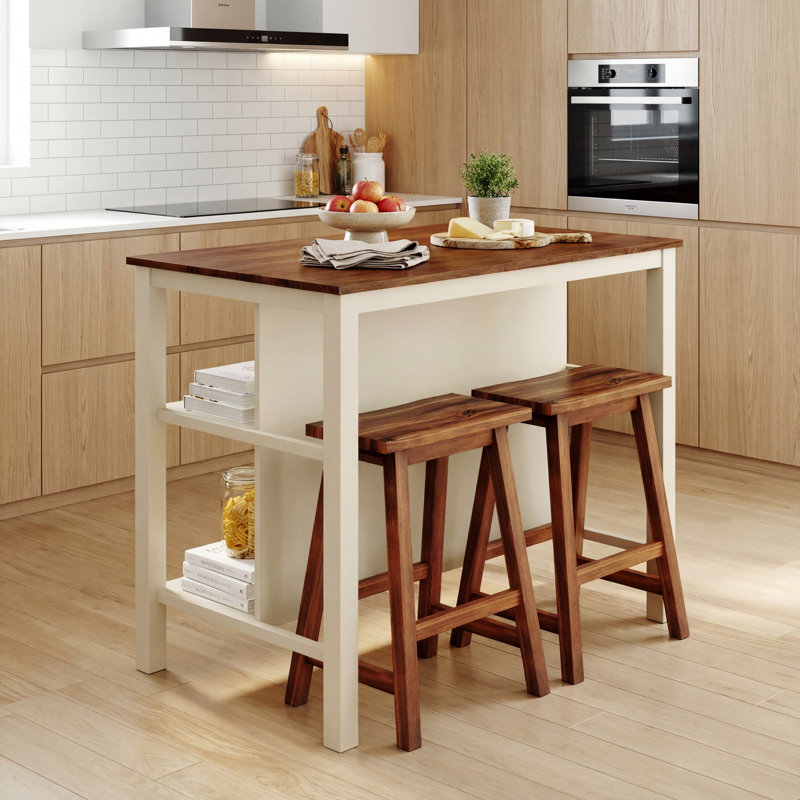 Rustic 3-piece Stationary Kitchen Island Set with Butcher Block and Seating, Walnut and Cream White