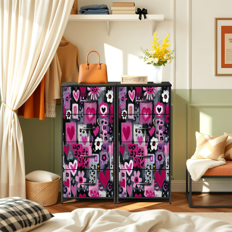 Commode moderne pour la chambre à coucher avec 4 tiroirs de rangement Imprimé animal abstrait Coeurs roses Commode à motifs floraux Commode en acier pour garde-robe de dortoir