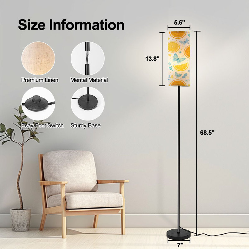  68.5" Standing Floor Lamp Tropical Pineapple Blue Butterflies Watercolor Seamless Dimmable Metal Pole Lamp with Linen Lampshade LED Bulb Included