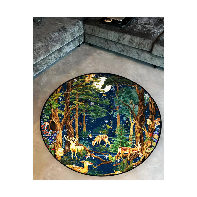 Forest Themed Deer And Tree Patterned Round Woven Base Vintage Decorative Carpet, Round 3'4"