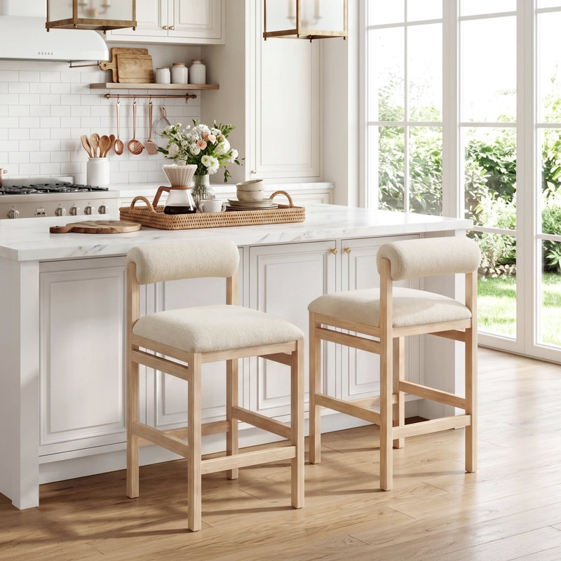 Albia 26.8" H Modern Farmhouse Linen Upholstered Counter Stool with Curved Back and Solid Rubberwood Frame, Beige