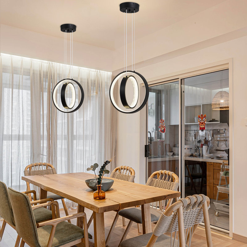 Jansel Modern LED Chandelier Gold Pendant Light 2 Ring Acrylic 34W 4000K Dimmable Height-Adjustable, Matte Black