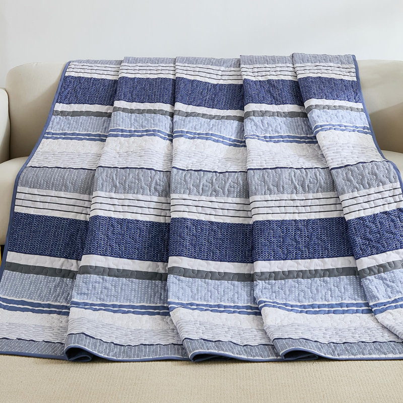 Ensemble de couvre-lit rayé 3 pièces Boho, Couvre-lit grande taille et 2 taies d'oreiller, Marine