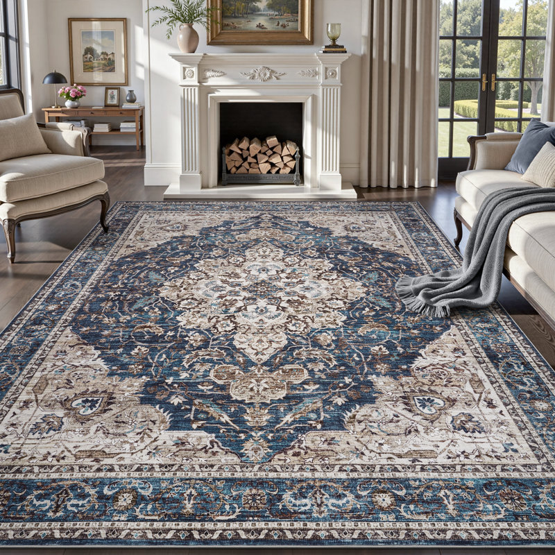 Soft Vintage Floral Non-Slip Washable Area Rug For Living Room, Bedroom Navy, Retangle 5' x 7', Blue/Beige/Ivory