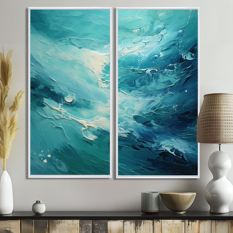 Bleu sarcelle oasis I - ensemble de 2 impressions sur toile modernes jaunes, Floater Framed Print without Mat, 32" H x 32" W
