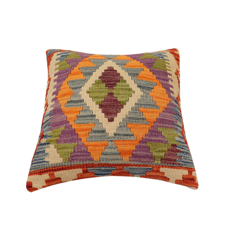 Coussin rustique en kilim tissé à la main rustique Banniste, H 18 po x l 19 po, Rouge / Vert / Gris