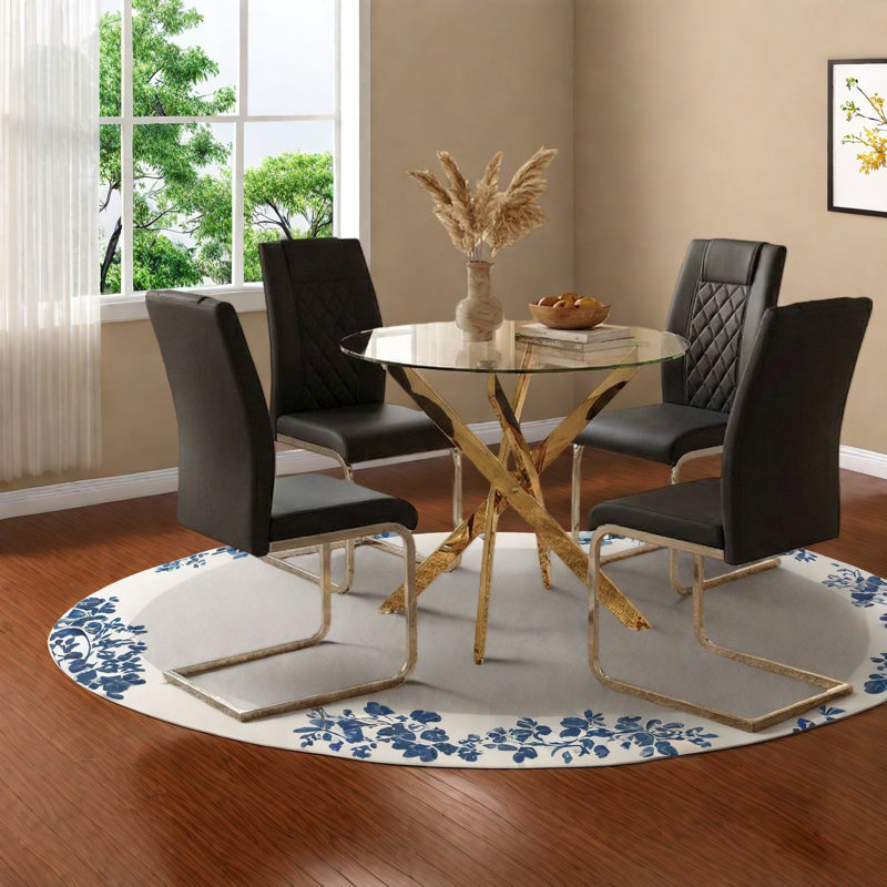 Ensemble de table de salle à manger élégant en verre (doit inclure la table et la chaise), structure en métal doré, style moderne pour petite cuisine