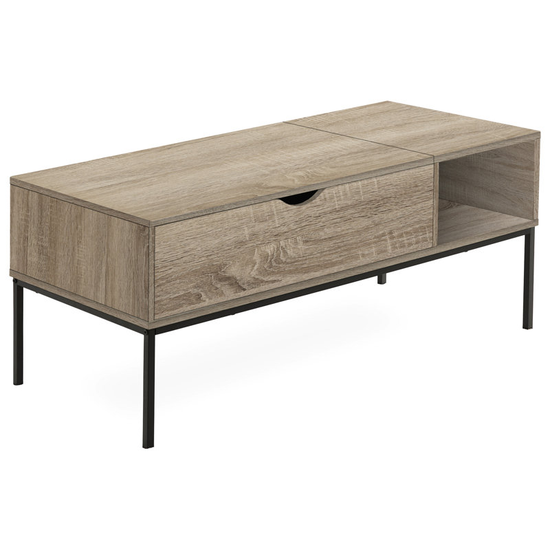 Table basse rectangulaire à plateau relevable taupe foncé, base en métal noir, table de rangement cachée de 42 po avec plateau relevable, stratifié, structure moderne, option dissimulée
