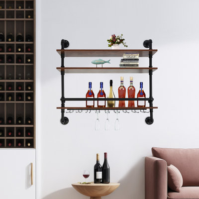 Rustic Wall Mounted Wine Rack Bottle Glass Storage Holder Shelf For Home Bar
