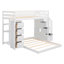Lit superposé simple au dessus d'un lit double avec tablettes à 3 niveaux, tiroirs et escalier de rangement