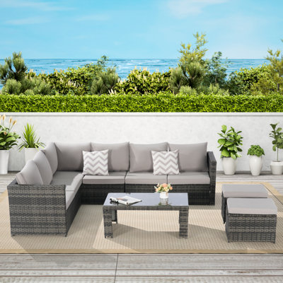 6 Piece Outdoor Patio Furniture Set, Wicker Rattan Outdoor Sofa Conversation Set With Glass Table, Cushions And Pillows