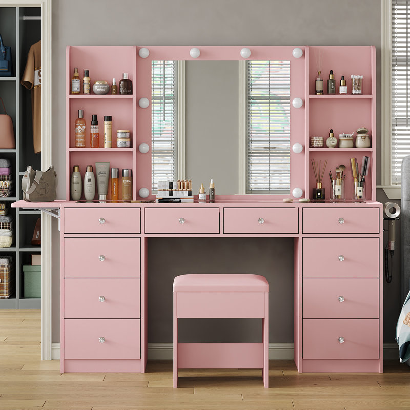 Coiffeuse de maquillage avec miroir lumineux, station de charge, 4 tablettes, panneau rabattable, 10 tiroirs, 3 modes d'éclairage