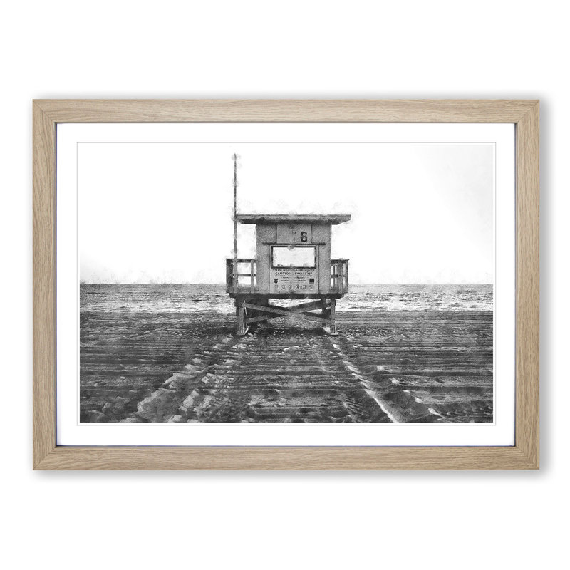 Lifeguard Station upon the Beach - Picture Frame Graphic Art Print, Oak Framed, 62cm H x 87cm W x 2cm D