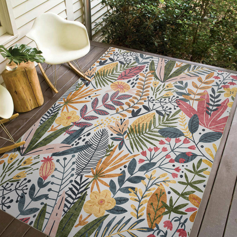Tapis d'extérieur à motif floral coloré rose / vert / ivoire multicolore, Rectangle 3 pi 6 po x 5 pi 6 po