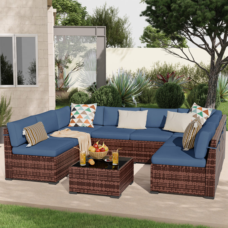 Avamay Rattan Sectional Seating Group with Cushions, Navy Blue Performance Microfiber, No