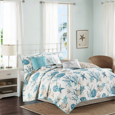 Cotton Quilt - King/ King 6 Piece Printed With Shells, Starfish, Corals Pattern Appeal