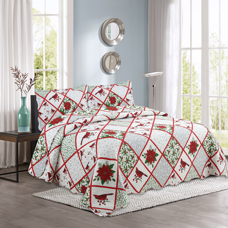 Red and White Microfiber Twin Reversible Christmas Bedspread Set