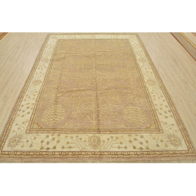 Tapis beige en laine noué à la main de conception unique 8 pi 1 po x 10 pi 1 po
