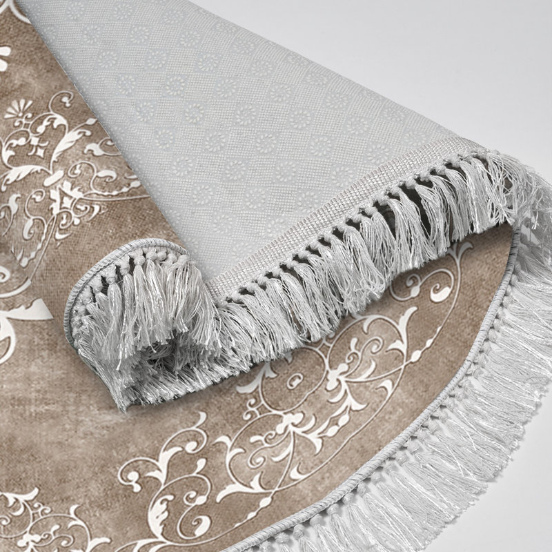 Tapis antidérapant de qualité supérieure (5,2 x 5,2 pi), beige et blanc, 100% polyester | Hauteur de l'éponge de 0,1 po, hauteur de la base de 0,2 po, hauteur totale de 0,3 po | Lavable à la machine à 86 ° F, durable et élégant pour la décoration intérieure