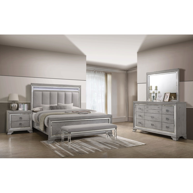 Alyncia Jaydon Gray LED Upholstered Panel Bedroom Set Special 4 Bed Dresser Mirror Nightstand, King