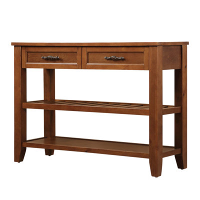 Mid-Century Style Console Sofa Table with 2 Drawers and 2 Shelves, Solid Wood Buffet for Living Room, Kitchen, and Entryway