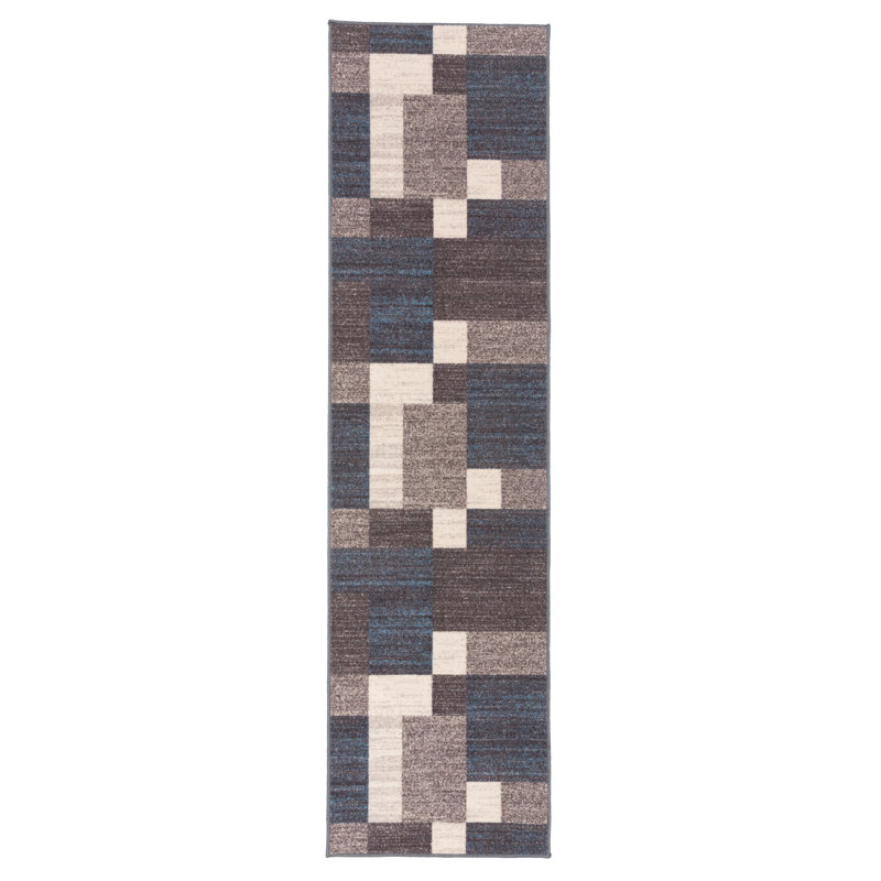 Tapis bleu touffeté à motif géométrique Allyne, Tapis de couloir 1 pi 10 po x 7 pi