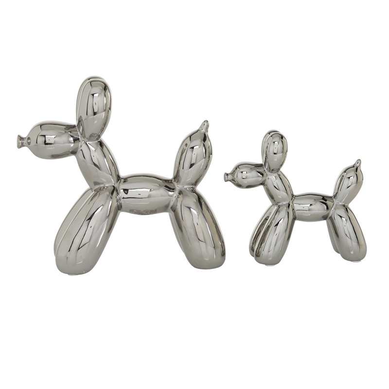 Porcelain Ceramic Balloon Dog Decorative Sculpture Set, Silver