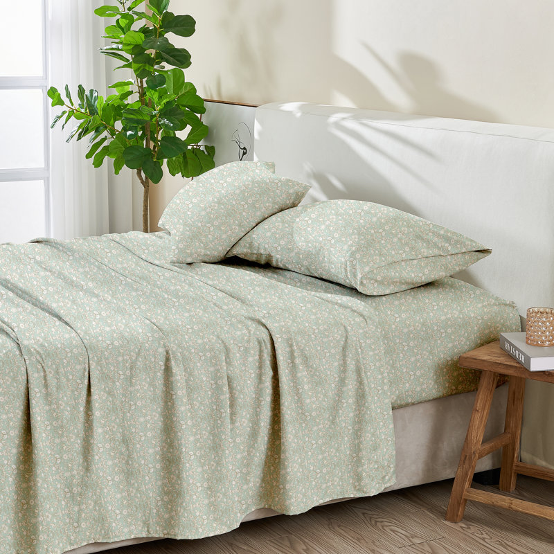 Pre Washed Microfiber Printed Sheet Set - Killian Collection, Floral Swift/Green, Full Sheet Set with 2 Pillowcases