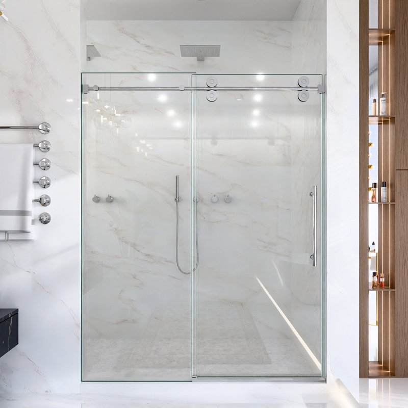 Porte de douche coulissante simple sans cadre l 56 à 60 po x H 72 po - verre trempé transparent de 5/16 po (8 mm), conception à dérivation
