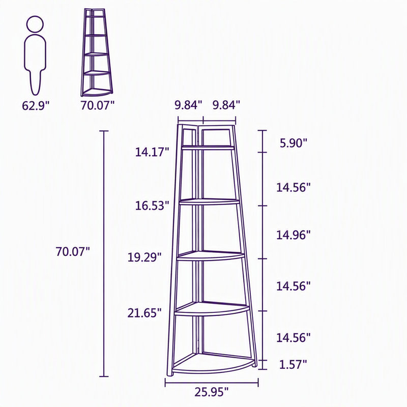 Étagère d'angle de 178 cm (70 po), tablette de rangement d'angle à 5 niveaux avec bibliothèque d'échelle, Brown