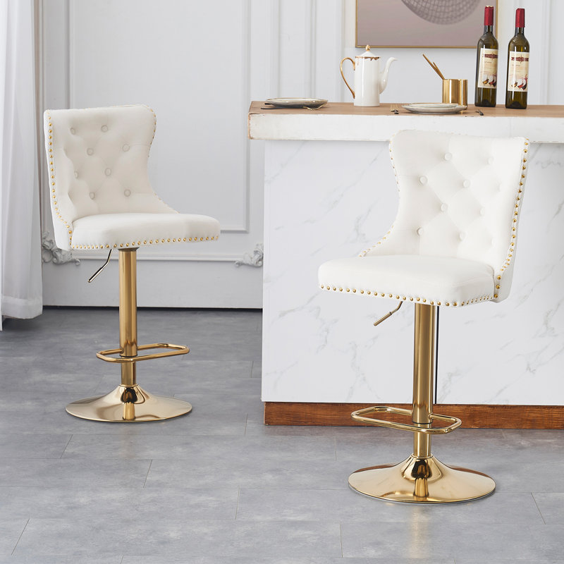 Swivel Upholstered Adjustable Height Counter Stool with Metal Frame, Cream, Gold