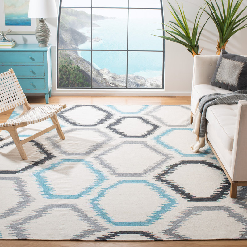 Rodgers Hand Woven Flat Weave Wool/Viscose/Cotton Geometric Rug in Gray/Ivory, Rectangle 5' x 8'
