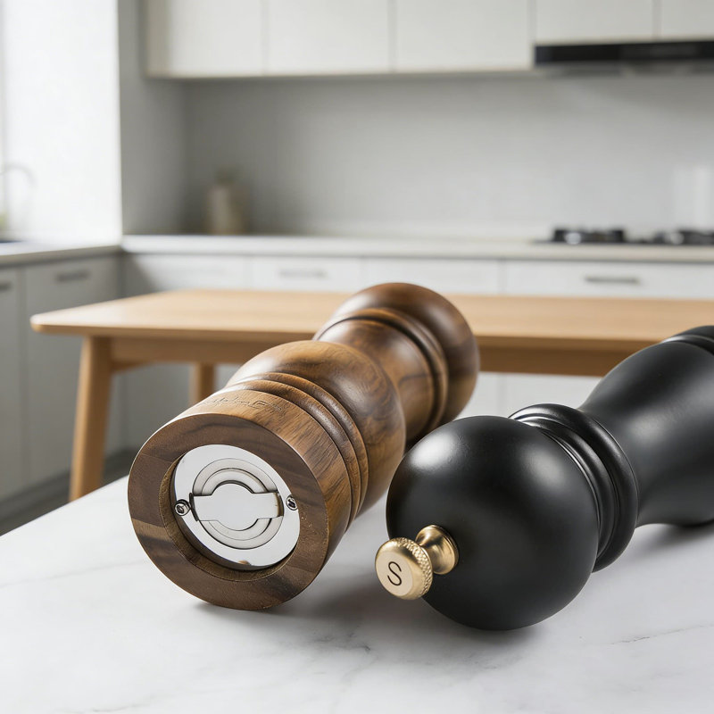 Ensemble réglable de moulins à sel et à poivre en céramique réglables de 2 po, 7 pouces avec design en bois d'acacia rustique pour les épices fraîchement moulues