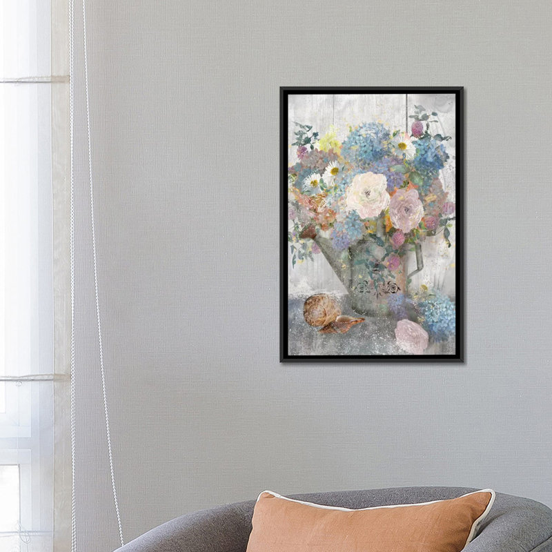 Seau de fleurs II - impression sur toile tendue, H 26 po x l 18 po x P 1,5 po, Toile encadrée noire, Pas de tapis