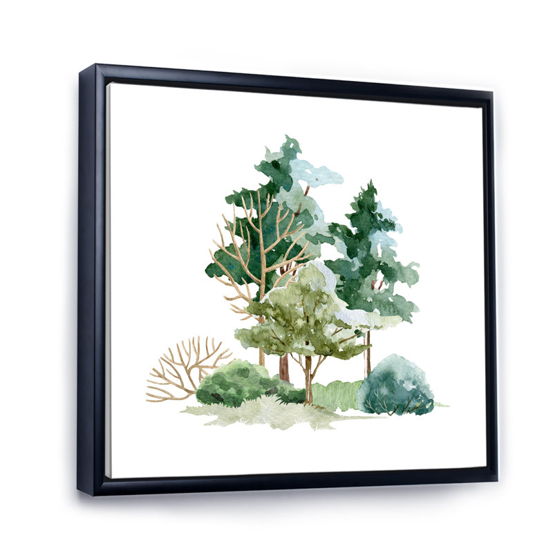 Arbres de brousse et prairie sur fond blanc - peinture sur toile, H 16 po x l 16 po x P 1 po, Cadre flottant noir